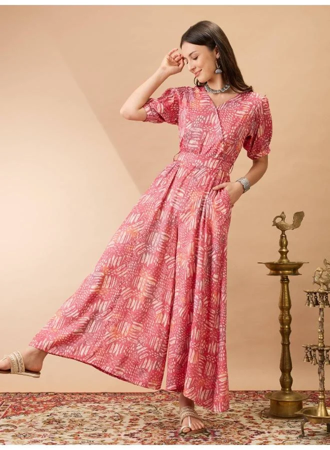 globus Globus Women Pink Wrap V-Neck Puff Sleeves Abstract Print Flared Wide Leg Fusion Jumpsuit with Belt